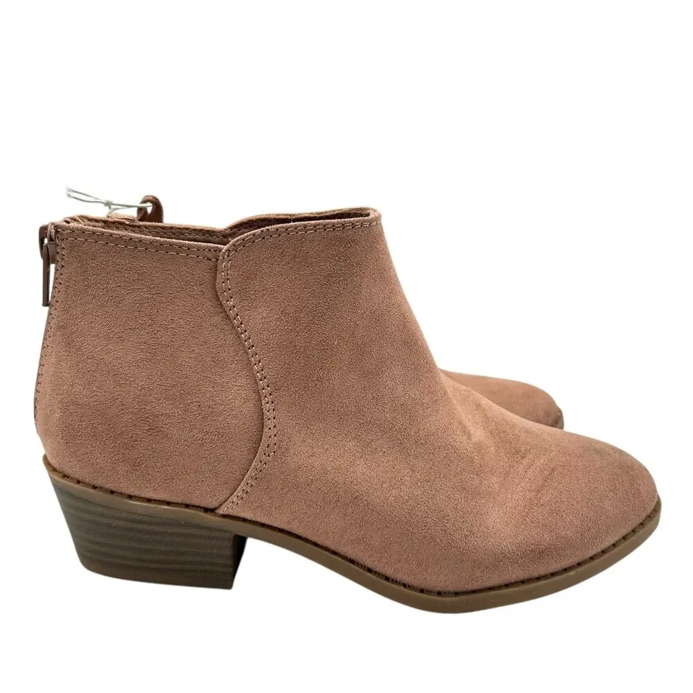 Old Navy Girls Tan Suede Rear Zip Stacked Block Heel Ankle Booties‎ Size 2
